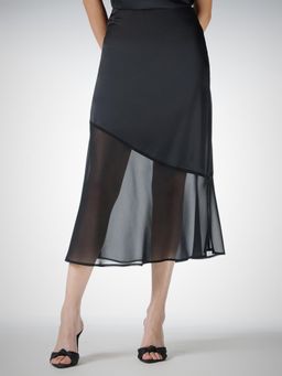 FableStreet - Satin Midi A-Line Asymmetric Sheer Black Skirt