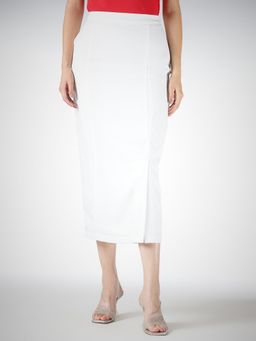 FableStreet - Brocade Midi Pencil Side Slit White Skirt