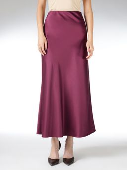 FableStreet - Satin Midi Flared High Rise Solid Wine Skirt