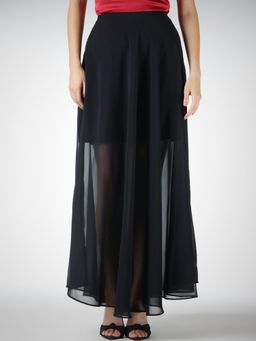 FableStreet - Georgette Maxi Flared Semi-Sheer Black Skirt