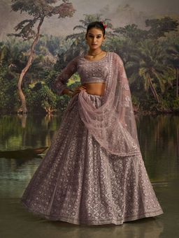 Odette - Mauve Net Embroidered Semi-Stitched Lehenga with Blouse Piece and Dupatta