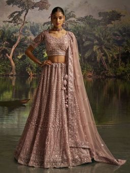 Odette - Mauve Net Embroidered Semi-Stitched Lehenga with Blouse Piece and Dupatta