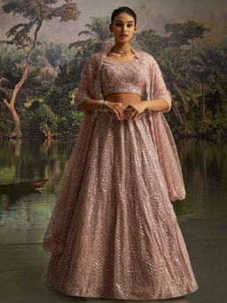 Odette - Pink Net Embroidered Semi-Stitched Lehenga with Blouse Piece and Dupatta