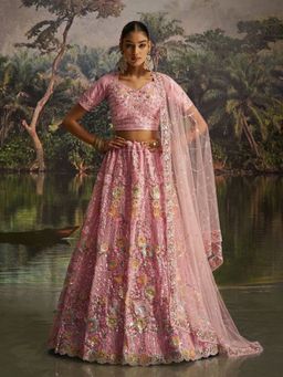 Odette - Pink Net Embroidered Semi-Stitched Lehenga with Blouse Piece and Dupatta