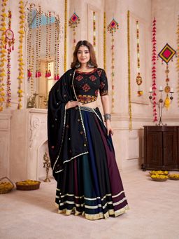 Odette - Multi Color Embroidered Semi-Stitched Lehenga with Blouse Piece and Dupatta