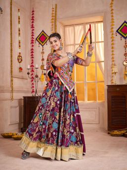 Odette - Purple Embroidered Semi-Stitched Lehenga with Blouse Piece and Dupatta