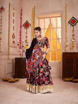 Odette - Black Embroidered Semi-Stitched Lehenga with Blouse Piece and Dupatta