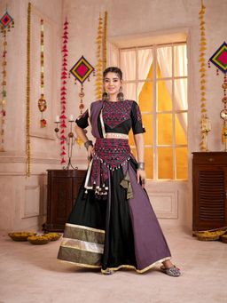 Odette - Black Cotton Blend Print Semi-Stitched Lehenga with Blouse Piece and Dupatta