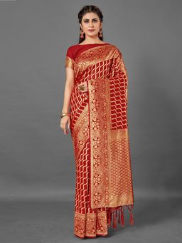 Akhilam - Womens Silk Blend Maroon Woven Design Designer Saree with Unstitched Blouse