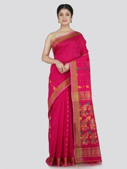 PinkLoom - Women's Cotton Blend Saree with Unstitched Blouse Piece, Pink