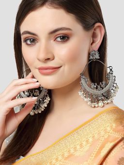 Karatcart - Oxidised Silver Embellished Kundan and Pearl Large Chandbali Earrings for Women