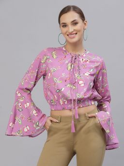 Style Quotient - Women Purple Floral Print Tie Up Neck Blouson Crop Top