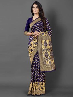 Akhilam - Women Silk Blend Navy Blue Celebrity Saree with Unstitched Blouse