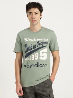 United Colors of Benetton - Men Green Cotton Blend Relaxed Fit T-Shirt