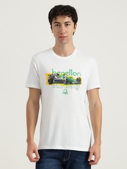 United Colors of Benetton - Men White Cotton Blend Regular Fit T-Shirt