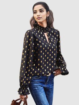 Outzidr - Black Full Sleeved Retro Polka Dots Party Top