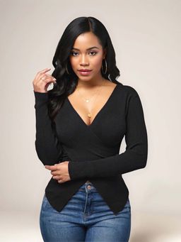 Outzidr - Black Asymmetric V Neck Party Top