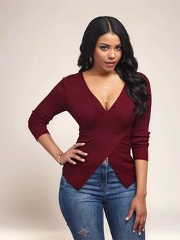 Outzidr - Wine Asymmetric V Neck Party Top