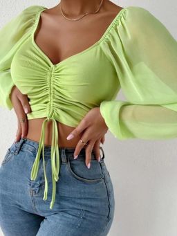 Outzidr - Green Ruched Crop Top With Balloon Sleeves