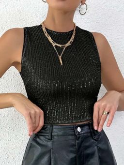 Outzidr - Black Sequin Cropped Party Top