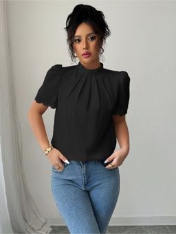Outzidr - Black High Neck Regular Pleated Blouse