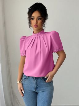 Outzidr - Pink High Neck Regular Pleated Blouse