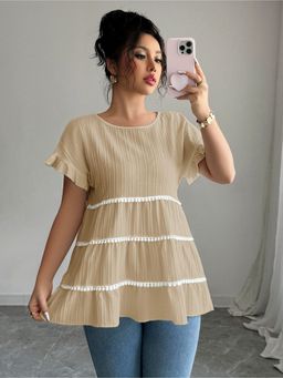 Outzidr - Cream Solid Regular Tiered Casual Top