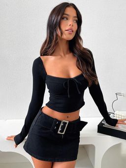 Outzidr - Black Square Neck Long Sleeve Party Top