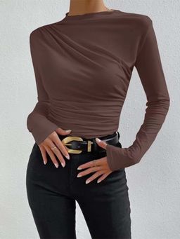 Outzidr - Brown High Neck Side Ruched Street Style Top
