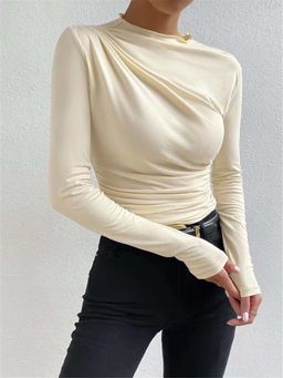 Outzidr - Cream High Neck Side Ruched Street Style Top