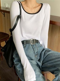 Outzidr - White Fitted Full Sleeved Ringer Street Style Top