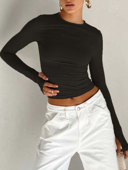 Outzidr - Black Basic Solid Fitted Street Style Top