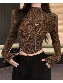 Outzidr - Brown Animal Print Fitted Party Top