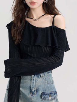 Outzidr - Black Cold Shoulder Frilled Party Top