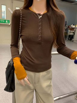 Outzidr - Brown Button Down Round Neck Street Style Top