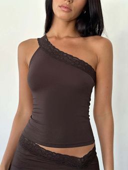 Outzidr - Brown One Shoulder Lace Insert Party Crop Top