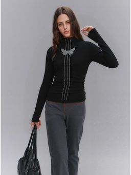 Outzidr - Black Butterfly Print Full Sleeves Party Top