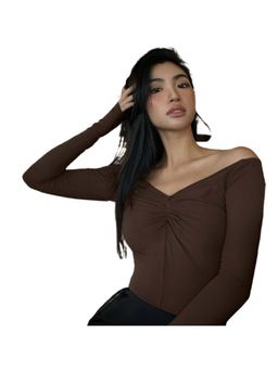 Outzidr - Brown Ruched Neck Street Style Top