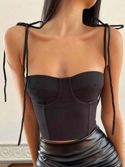 Outzidr - Black Solid Corset Tie Up Party Top