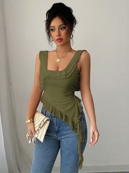 Outzidr - Green Slim Asymmetric Hem Line Party Top