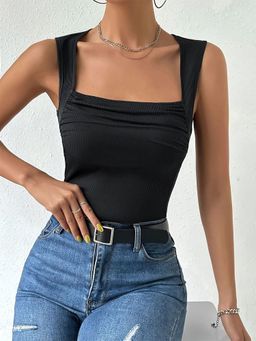 Outzidr - Black Square Neck Ruched Tank Casual Top