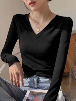 Outzidr - Black Basic Solid V Neck Street Style Top
