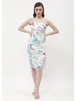Madame - Abstract Print Off-White Drawstring Bodycon Dress