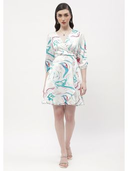 Madame - Surplice Neck Off-White Abstract Print Wrap Dress