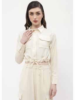 Madame - Drawstring Waist Beige Flap Pocket Crop Shirt