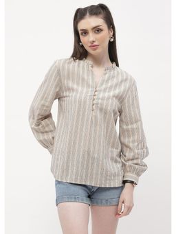 Madame - Ruffle Mandarin Collar Navy Blue Striped Top