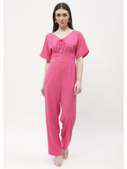 Madame - Tie-Up Neck Hot Pink Trumpet Sleeve Jumpsuit