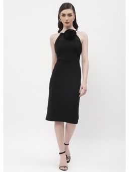 Madame - Applique Adorned Black Halter Neck Bodycon Dress