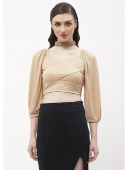 Madame - Sweetheart Neck Beige Shimmery Crop Top