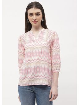 Madame - Mandarin Collar Peach Abstract Print Top